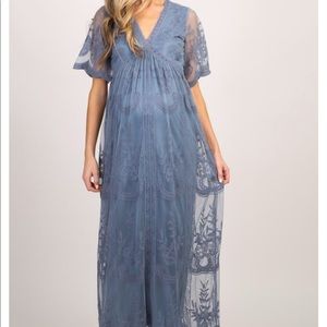 Blue Lace Mesh Overlay Maternity Maxi Dress